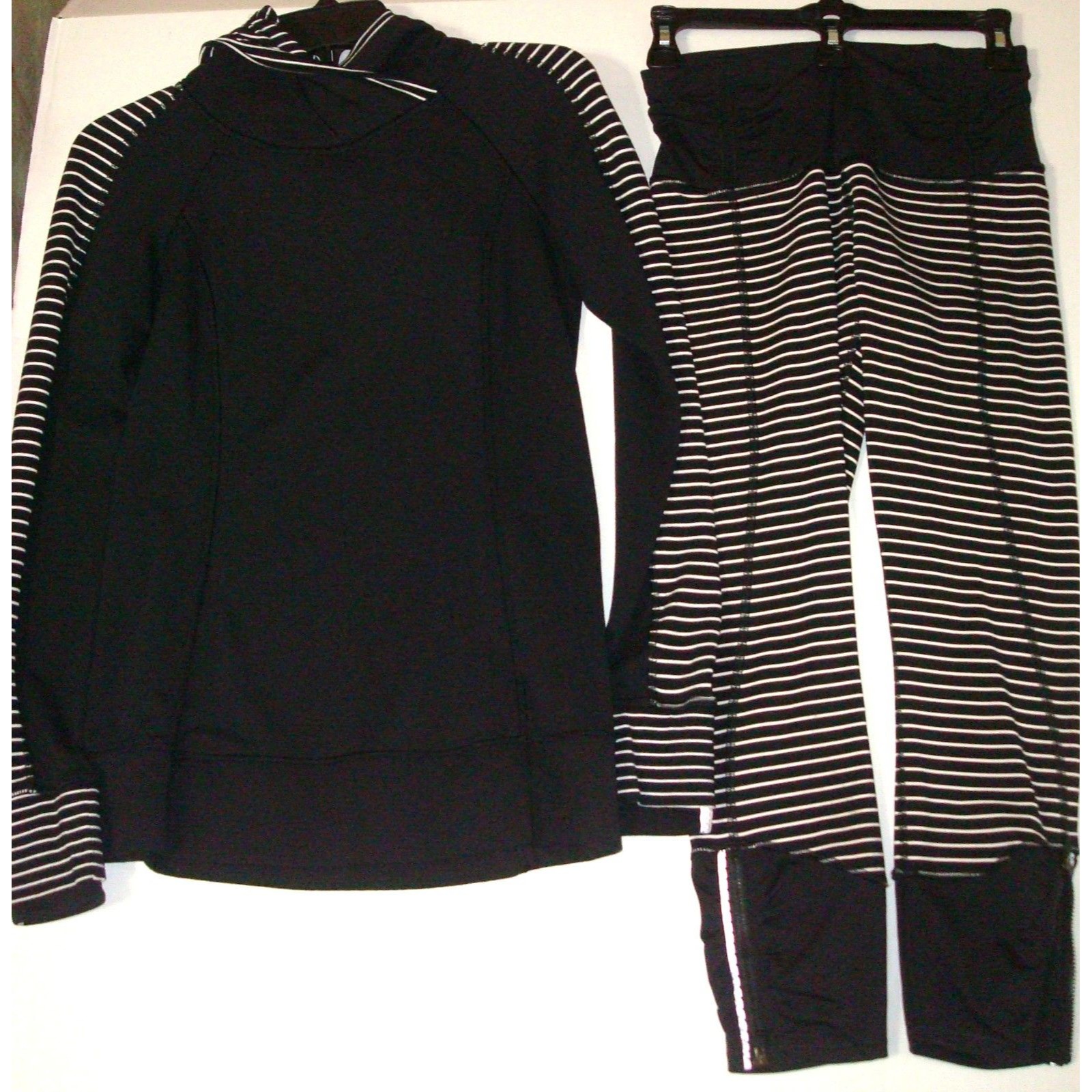 Set Lululemon Sz 6 Think Fast Hoodie 4 Runday Crop Leggings Black White Stripes